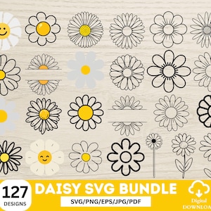 May include: A collection of daisy designs in various styles, including outlined and filled versions, with yellow centers and white or black petals. The image includes the text "127 DAISY SVG BUNDLE" and "Digital DOWNLOAD".