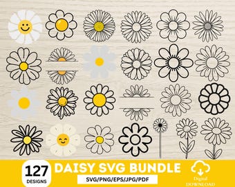 Daisy SVG-paket, eleganta blommiga Daisy-klippfiler, Daisy-monogram Cricut-design, vårblomma PNG DXF