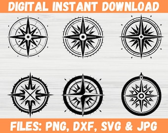 May include: A collection of six black compass rose designs. The compass roses are circular with various star and arrow patterns. The text "DIGITAL INSTANT DOWNLOAD" and "FILES: PNG, DXF, SVG & JPG" are displayed in orange.