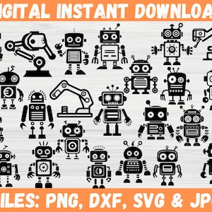 Pacote Robot Alien SVG, Silhueta de clipart de brinquedo de engrenagem de robô fofo, Download digital de decalque de contorno de robótica Android, Arquivos Cricut para Svg
