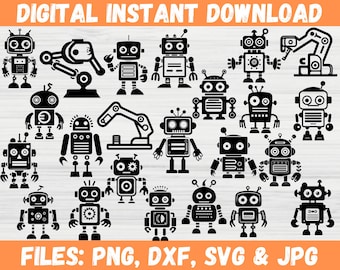 Robot Alien SVG Bundle, Cute Robot Gear Toy Clipart Silhouette, Android Robotics Outline Decal Digital Download, Cricut Files for Svg