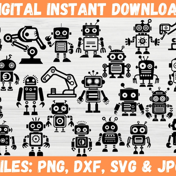 Robot Alien SVG Bundle, Cute Robot Gear Toy Clipart Silhouette, Android Robotics Outline Decal Digital Download, Cricut Files for Svg