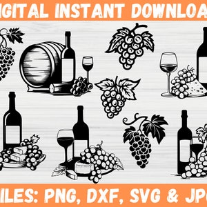 Wijn SVG-bundel, wijnstok drankjes clipart, wijnliefhebber drankje fles silhouet, drinken alcoholglas, digitale download, gesneden bestanden voor Svg