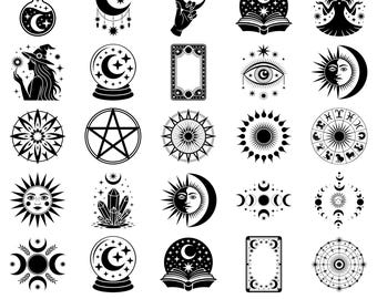May include: A collection of black and white celestial-themed graphics, including moons, stars, suns, a witch, a crystal ball, and an open book. The text "30+ Celestial Moon SVG Bundle" is at the bottom of the image.