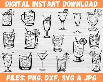 Cocktail Illustrations SVG Bundle, Cocktails Alcohol Margarita Cricut Cut File, Cocktail Drink Clipart Graphics, Summer Alcoholic Drink PNG.