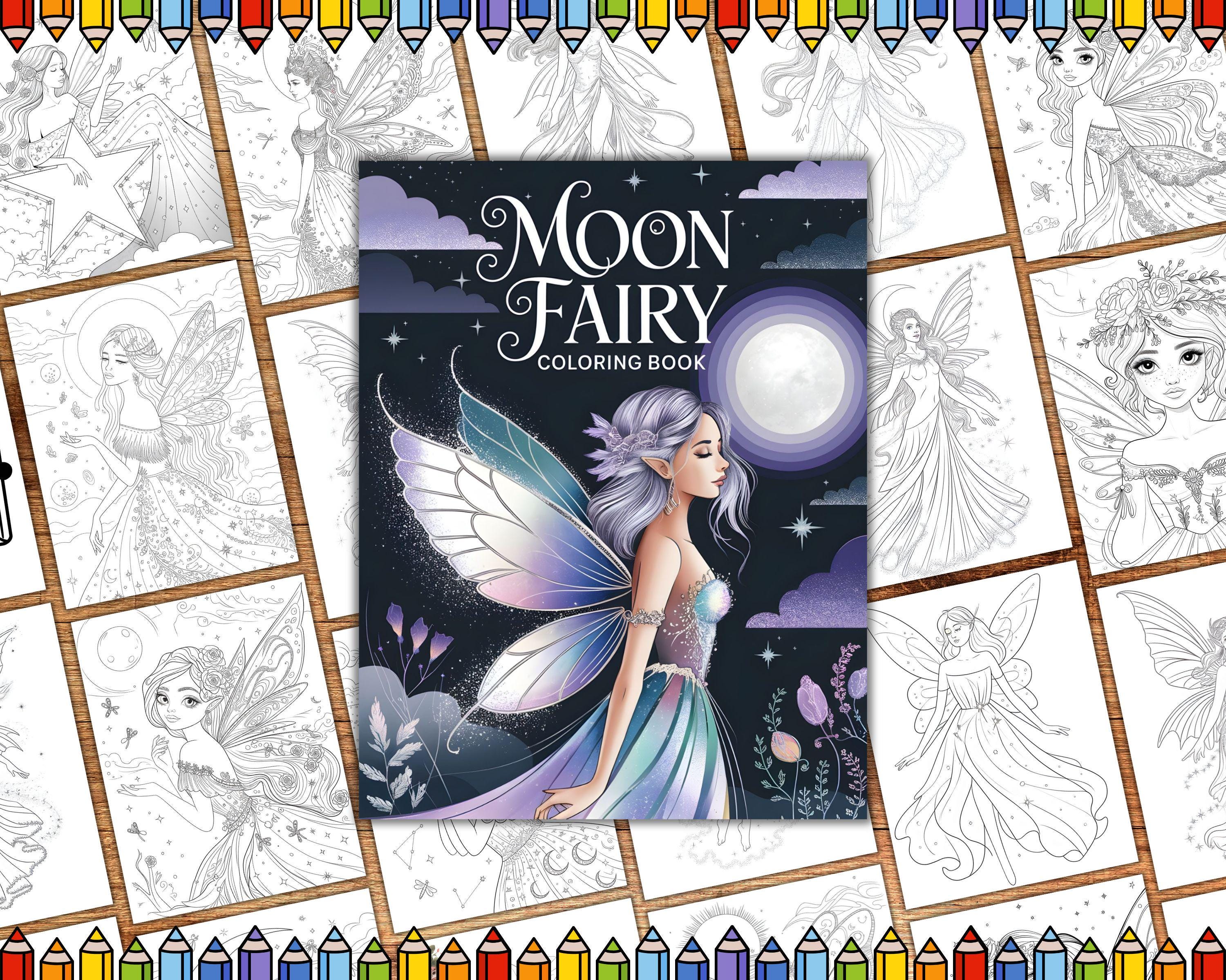 Moon Fairy Coloring Book, Fantasy girls Coloring, Fairy coloring pages, Moon Fairies Coloring Pages for Adults and Kids, Grayscale Coloring