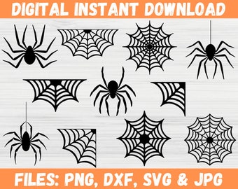 Puede incluir: Un conjunto de diez archivos de corte SVG de arañas y telarañas en blanco y negro. Los archivos incluyen una variedad de diseños de telarañas, incluyendo una telaraña completa, una telaraña de esquina y una telaraña con una araña en el centro. Los archivos son perfectos para crear decoraciones de Halloween, favores de fiesta o proyectos de manualidades.