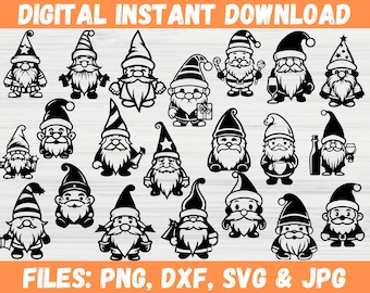 May include: Digital instant download featuring a collection of black and white gnome illustrations. Each gnome has a unique design, some holding objects like gifts, wine glasses, and lanterns. The image includes the text "DIGITAL INSTANT DOWNLOAD" and "FILES: PNG, DXF, SVG & JPG".