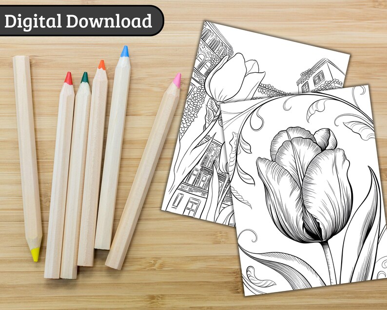 Tulip Flower Coloring Page for Kids & Adults | Botanical Grayscale ...