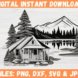 Cabin Scene SVG, Cabin by the Lake, Forest Mountain Laset Engrave Files, Log Cabin, Cabin in the Woods Wall Art Digital Download Art