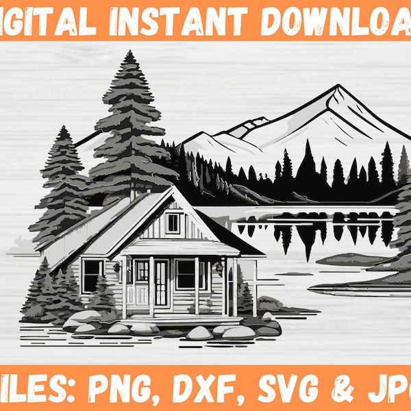 Cabin Scene SVG, Cabin by the Lake, Forest Mountain Laset Engrave Files, Log Cabin, Cabin in the Woods Wall Art Digital Download Art