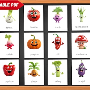 Cartes Flash Légumes | Flashcards PDF modifiables pour enfants | Flashcards imprimables | Cartes flash végétales, préscolaire, cartes végétariennes 4-6 ans
