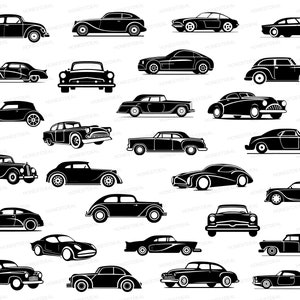 May include: A collection of 25 black and white vintage car silhouettes. The cars are all facing forward and are drawn in a simple, classic style.
