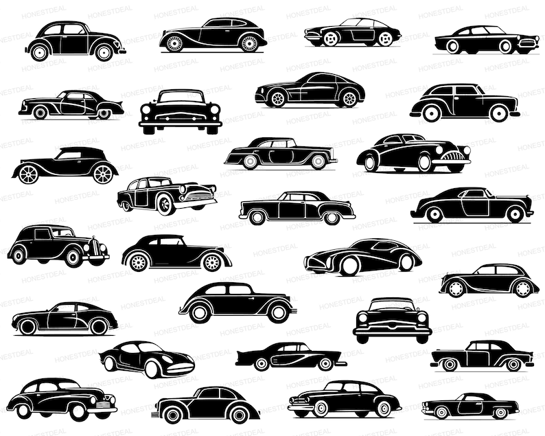 May include: A collection of 25 black and white vintage car silhouettes. The cars are all facing forward and are drawn in a simple, classic style.