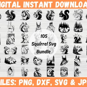 Op de afbeelding: Een digitale download van 105 zwart-witte eekhoorn SVG-bestanden. De afbeelding toont een verscheidenheid aan eekhoornontwerpen, waaronder eekhoorns in bomen, eekhoorns met noten en eekhoorns in verschillende poses. De tekst "105 Squirrel Svg Bundle" wordt in het midden van de afbeelding weergegeven.