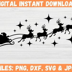 Santa&#39;s Sleigh SVG, Christmas SVG, Santa Claus and Reindeer Cut File, Holiday SVG, Merry Christmas, Flying Santa Sleigh, Instant Download