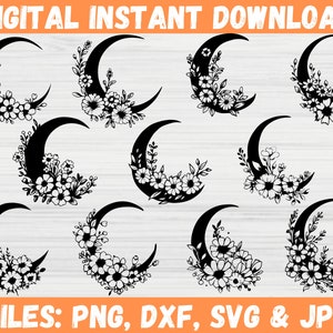 Moon SVG Bundle, Floral Moon Svg, Mystic Celestial Svg, Moon and Stars SVG, Crescent Moon Svg, Flower Svg, Cut File for Cricut, Silhouette