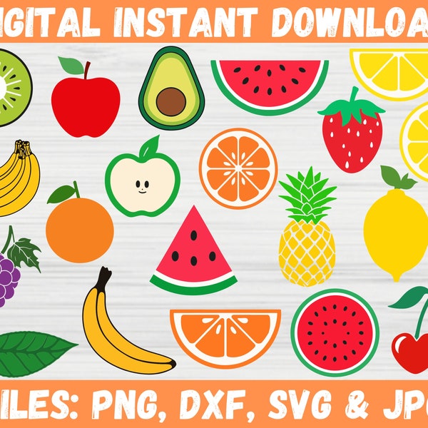 Tropical Fruit SVG Bundle Fruit Silhouette Vector Apple Watermelon Cherry Banana Clipart Cut File Cricut Commercial Use Instant Download