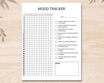 May include: A black and white printable mood tracker with a calendar grid for each month of the year and a list of mood descriptors with checkboxes. The text "MOOD TRACKER" is at the top of the page. The text "YEAR:- " is at the top right of the page. The text "NOTES:- " is at the bottom right of the page.