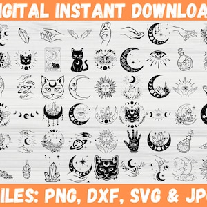 Peut inclure: Un ensemble de 40 illustrations numériques en noir et blanc représentant divers symboles mystiques et occultes, notamment des lunes, des étoiles, des cristaux, des mains, des yeux, des chats et un serpent. Le texte "FILES: PNG, DXF, SVG & JPG" est en bas de l'image.