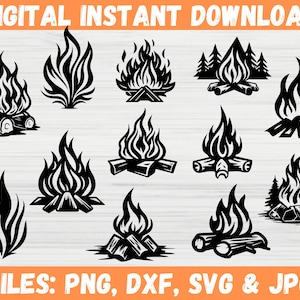 Pacote de Silhuetas de Fogueira SVG, Chamas de Fogo SVG, Silhuetas de Chamas, Vida no Acampamento SVG, Verão SVG, Vida de Aventura, Acampamento SVG, Moldura de Chamas SVG