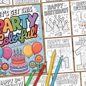 Birthday Party Coloring Sheets for Kids – Printable Party Favors with Mini Pages & Crayons – Instant Download PDF