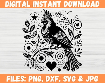 Valentine Cardinal Bird SVG Floral Cut File, Cardinal Ornament Svg, Bird Silhouette, Cardinal Clipart, Botanical Red Cardinal Clipart