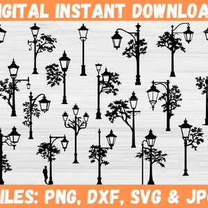 Vintage silhouet straatlantaarn SVG-bundel, retro lantaarnpaal silhouet clipart, straatnaambord lantaarn Instant Download, Cricut-bestanden voor Svg