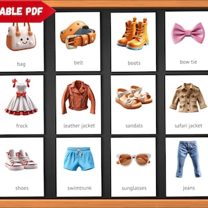 Tarjetas didácticas de ropa / Tarjetas Montessori editables / Tarjeta imprimible en PDF / Tarjetas de nomenclatura para tarjetas de ropa educativa preescolar 1-3 años