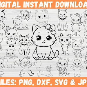 以下が含まれることがあります： 20個の白黒の猫のイラストのデジタルダウンロード。猫は座っている、立っている、横になっているなど、さまざまなポーズをとっています。一部の猫はリボンや首輪をしています。画像の上部と下部には「DIGITAL INSTANT DOWNLOAD」と「FILES: PNG, DXF, SVG & JPG」のテキストがあります。