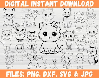 Kawaii Katze SVG, Katzengesicht Umriss, Kätzchen SVG, Kawaii Kitty Clipart, Katze svg Bundle, svg für Katzenliebhaber. Scherenschnitt, Kawaii Kitty Clipart