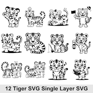 May include: A collection of twelve black and white tiger illustrations in various poses. Some tigers are waving, holding objects, or interacting with their environment. The text "12 Tiger SVG Single Layer SVG" is at the bottom.