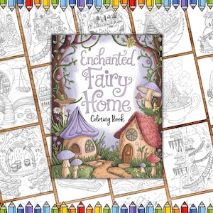 Enchanted Fairy Home Coloring Page, Grayscale House Colouring Book, Mushroom House, Fantasy Homes Colour Sheet, Adult And Kids Coloring Book