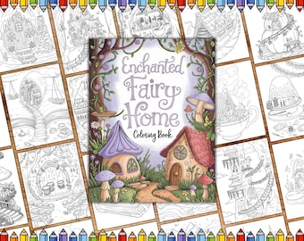 Enchanted Fairy Home Coloring Page, Grayscale House Colouring Book, Mushroom House, Fantasy Homes Colour Sheet, Adult And Kids Coloring Book