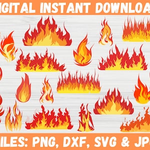 May include: A set of 18 digital fire flame illustrations in various shapes and sizes. The flames are red, orange, and yellow. The image includes the text "FILES: PNG, DXF, SVG & JPG".
