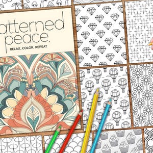 Peut inclure: Un livre de coloriage intitulé "patterned peace: relax, color, repeat". La couverture présente un motif de mandala coloré. Le livre comprend une variété de motifs à colorier, y compris des formes géométriques, des fleurs et des motifs abstraits.