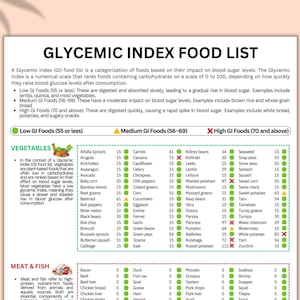 Lista de alimentos con índice glucémico, cuadro nutricional para pacientes, guía baja en carbohidratos o azúcar, lista de alimentos para diabéticos, índice glucémico, guía de referencia glucémica