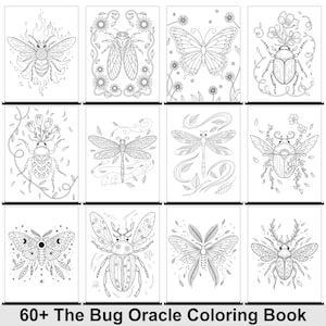 May include: Twelve black and white illustrations of insects, such as bees, butterflies, and beetles, are displayed. Each image is highly detailed and designed for colouring. The text "60+ The Bug Oracle Coloring Book" is at the bottom of the image.