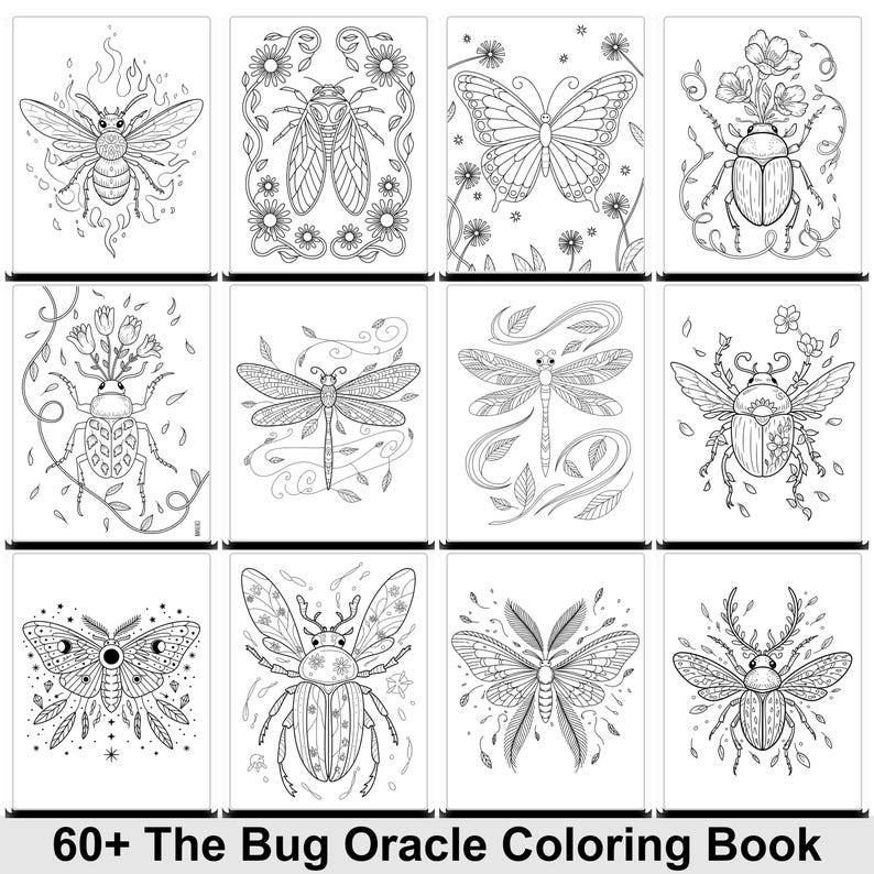 May include: Twelve black and white illustrations of insects, such as bees, butterflies, and beetles, are displayed. Each image is highly detailed and designed for colouring. The text "60+ The Bug Oracle Coloring Book" is at the bottom of the image.