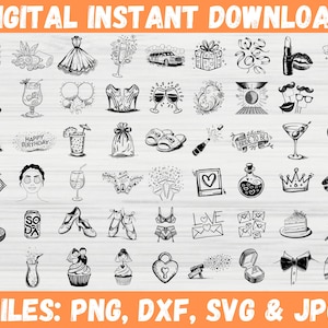 Hand Drawn Whimsical Wedding SVG Clipart Bundle | Invitations, Menus, Bridal, Bachelorette, Save the Date | Icons, Doodle, Timeline, PNG DXF