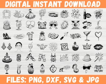 Pacote de Clipart SVG para Casamento com Toque de Fantasia | Ícones desenhados à mão para convites, lembrancinhas, chá de panela, despedida de solteira e cardápios.
