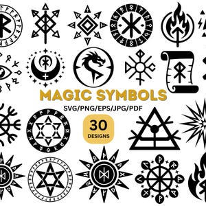 May include: A selection of 30 black magic symbols in diverse designs. The image features runes, stars, and other mystical shapes, with the words "MAGIC SYMBOLS" and file type options in gold.