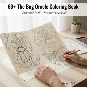 May include: A colouring book titled "60+ The Bug Oracle Coloring Book" with detailed insect illustrations. The pages are open, revealing intricate line drawings of bugs and floral elements. A person is using a pencil to colour the drawings.