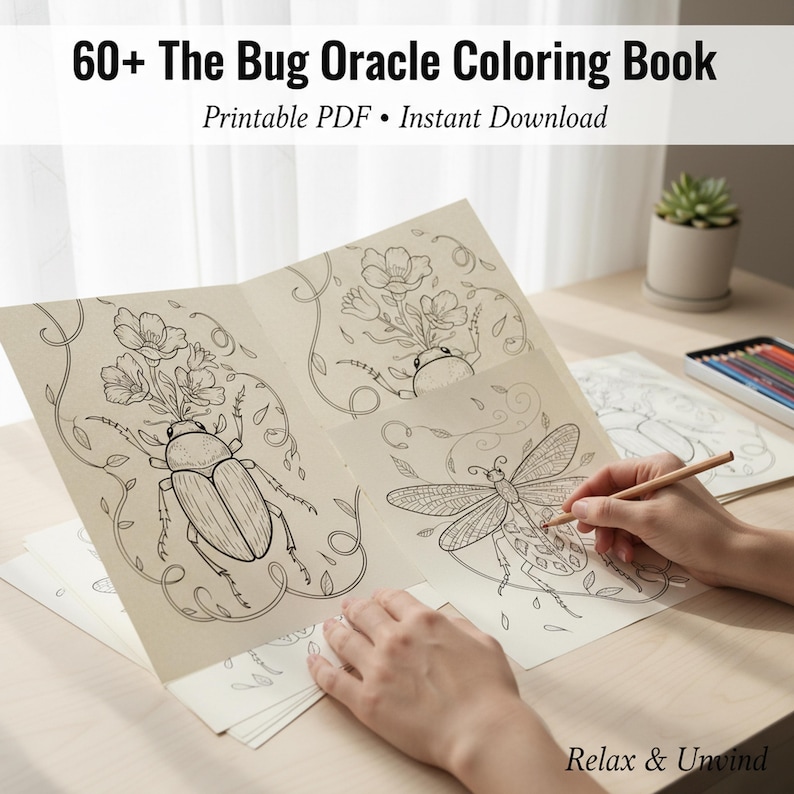 May include: A colouring book titled "60+ The Bug Oracle Coloring Book" with detailed insect illustrations. The pages are open, revealing intricate line drawings of bugs and floral elements. A person is using a pencil to colour the drawings.