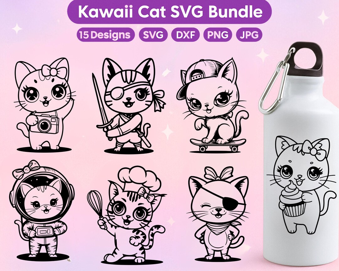 Cute Kawaii Cat PNG Clipart Bundle | Chibi Mini Cats | Cute Cat PNG ...