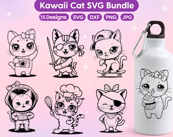 Cute Kawaii Cat PNG Clipart Bundle | Chibi Mini Cats | Cute Cat PNG Digital Stickers for Planners, Crafts & Scrapbooking