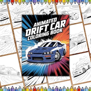 May include: A black and white coloring book with the title "Animated Drift Car Coloring Book". The cover features a blue drift car with smoke coming from the tires. The car is on a red, white, and blue background with a comic book style design.