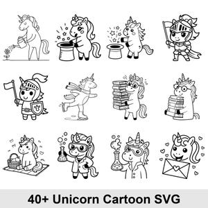Könnte beinhalten: Schwarz-Weiß-Cartoon-Illustrationen von Einhörnern in verschiedenen Posen. Ein Einhorn gießt eine Blume, ein anderes zieht einen Hasen aus einem Hut, und ein anderes ist als Ritter gekleidet. Der Text "40+ Unicorn Cartoon SVG" steht unten.