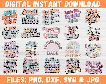 Retro liten flicka SVG-paket, roliga flickacitat och talesätt klippfiler för skärmaskin för skjortor