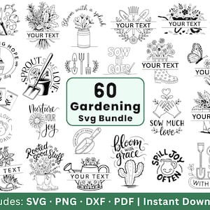 Puede incluir: Una colección de 60 diseños SVG con temática de jardinería en blanco y negro. Los diseños incluyen herramientas de jardinería, flores y frases como "Bloom with Grace" y "Sow Much Love". También está presente el texto "60 Gardening SVG Bundle".